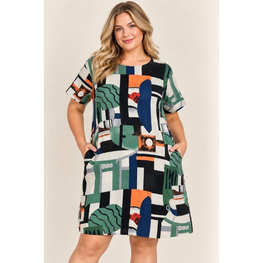 Caroline Morgan Women's Tunic Pockets Multicolor Geometric Short Sleeve 16/18